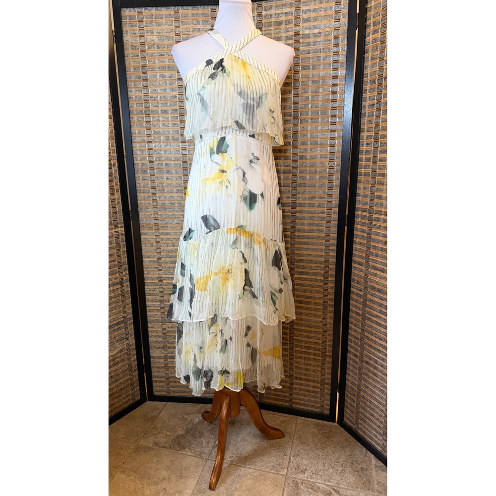 Anthropologie Tiered Maxi Dress Women 0 Yellow Floral Pleated Halter Boho
